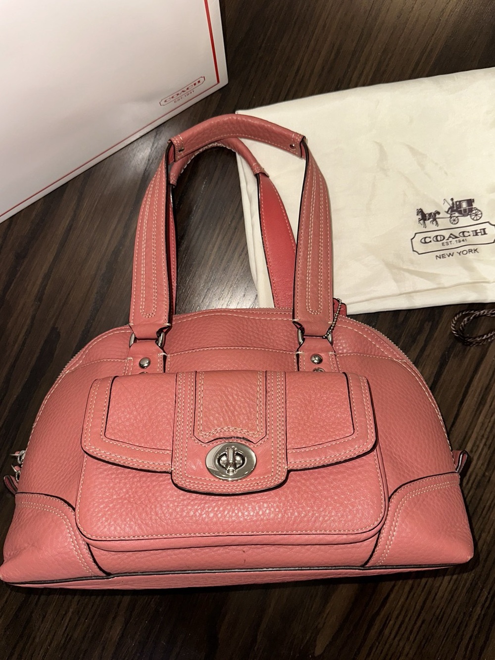 Y2K FULL SET (2009) Dusty Rose Pebbled Leather Hamptons Turnlock Satchel F13693
